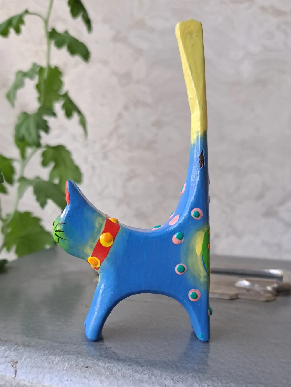 Vtg Hand-Painted Wooden Long Tail Cat Figurine - Colorful Folk Art Ring Holder